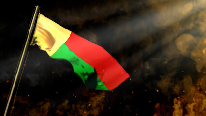 bokeh Madagascar flag on smoke with sun beams background - problem concept - abstract 3D rendering