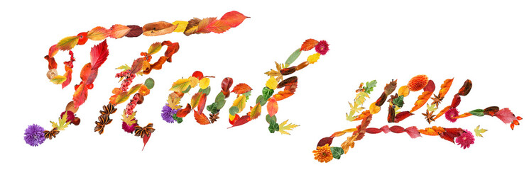 Text THANK YOU made of autumn leaves and flowers on white background