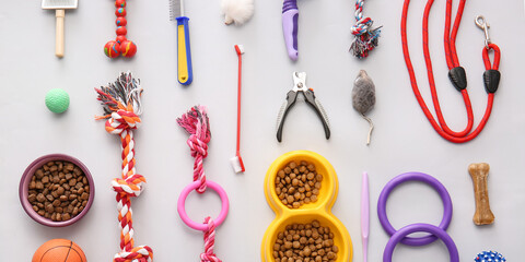 Different pet accessories and food on light background, top view