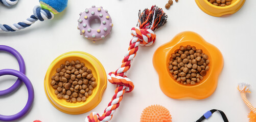 Different pet accessories and food on white background, top view