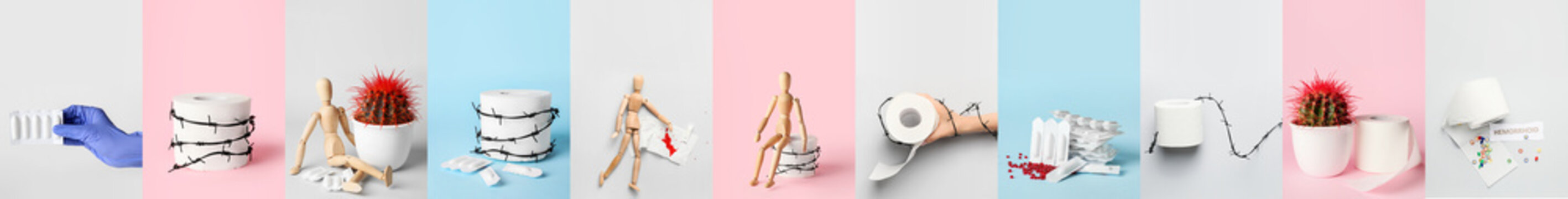 Collage with toilet paper, wooden human figurine and hemorrhoidal suppositories on color background