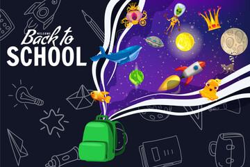 Back to school poster backpack, space imagination, creative concept. Template for invitation, poster, banner