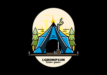 Large glamping tent with heater and chimney illustration design