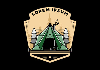 Large glamping tent with heater and chimney illustration design