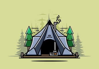 Large glamping tent with heater and chimney illustration design