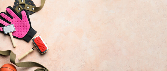 Different pet accessories on light color background with space for text, top view © Pixel-Shot