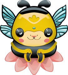 A cute, plump, yellow and black bumblebee sits on a pink flower. Isolated image on a white background. Hymenoptera insect. Vector illustration, cute cartoon kawaii style. Children's illustration.