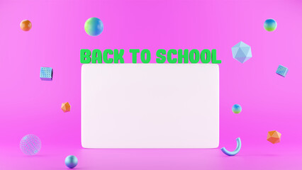 3D text Back To School with space for text or merchandise, bright pink banner with 3D abstract figures, shapes