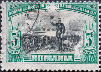 ROMANIA - CIRCA 1906: a postage stamp from Romania , showing a military scene Carol I at Battle of...