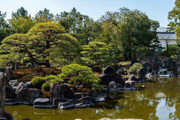 Fototapeta premium Traditional Japanese Garden with Pond and Pine Trees in Arashiyama, Kyoto