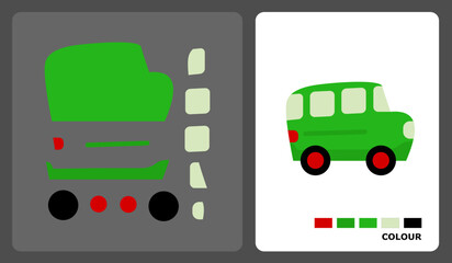 Mini Bus car pattern for kids crafts or paper crafts. Vector illustration of a green car puzzle. cut and paste patterns for kids crafts.