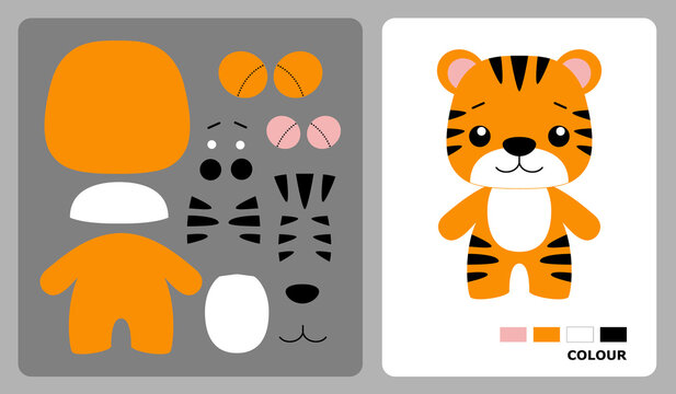 Tiger pattern for kids crafts or paper crafts. Vector illustration of a tiger puzzle. cut and paste patterns for kids crafts.