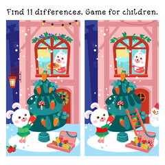 Find 11 differences. Game for children. Cute mother rabbit carries Christmas cake. Little bunny girl decorates Christmas tree. Characters and background in cartoon style. Vector illustration.