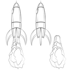 Set of spaceship outline with smoke isolated. Contour space rocket design element.