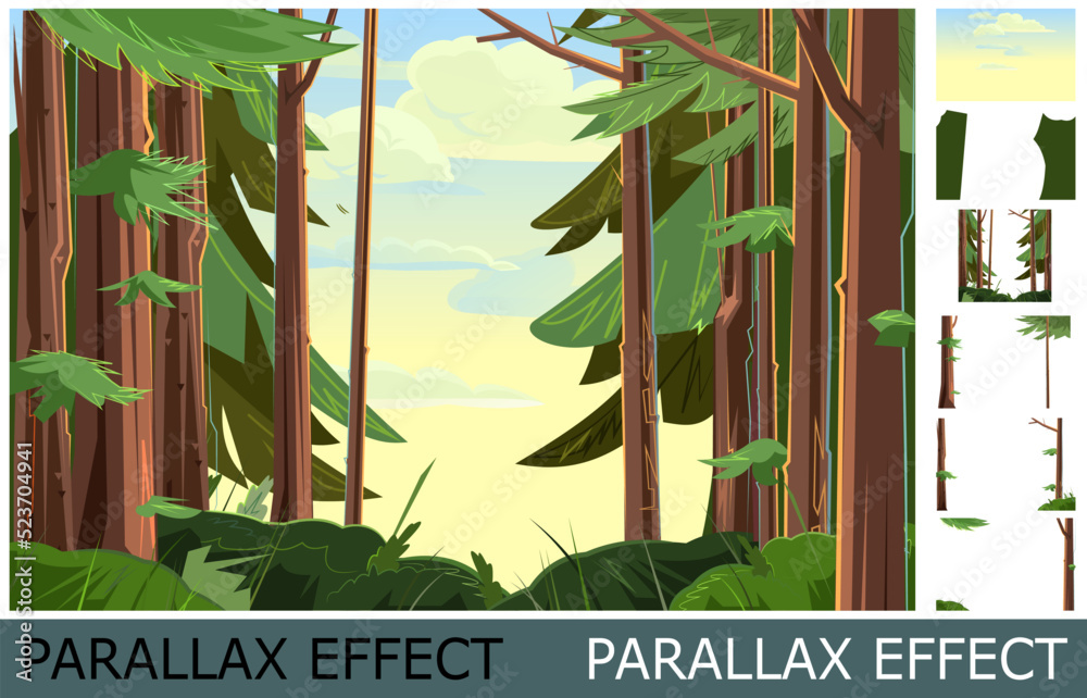 Wall mural beautiful forest landscape. image from layers for overlay with parallax effect. tree trunks and pine