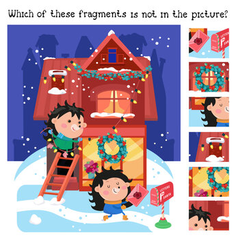 Find the hidden fragments. Game for children. Cute forest animals prepare for Christmas. Winter scene in cartoon style. Vector illustration.