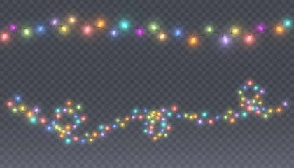 Christmas lights. Colorful glowing garlands. Bright, yellow, flickering light bulbs on the wires. Vector