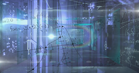 Image of prismatic ring, processing data and maths calculations over computer server room