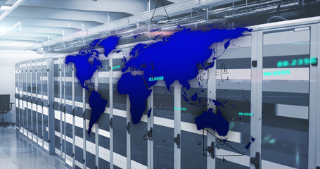 Image of blue world map, processing data and maths calculations over computer server room