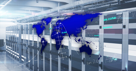 Image of blue world map and maths calculations over computer server room