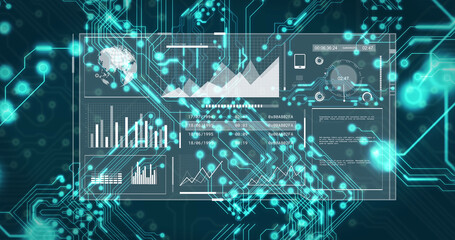 Image of computer circuit board over data processing on black background