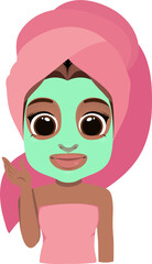 Relaxing American African Girl in towel with face mask, cucumber eye patch skincare flat icon design