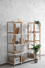 Shelving unit with books, decor and human skull near light wall