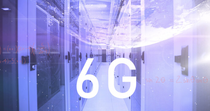 Image of 6g text, globe and maths calculations over computer server room