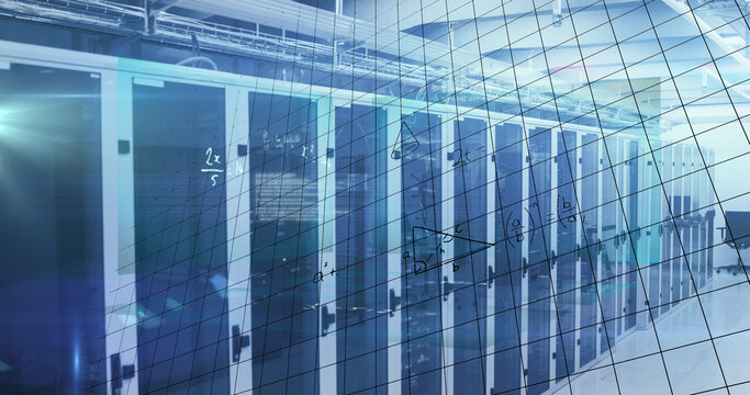Image of processing data and maths calculations over computer server room