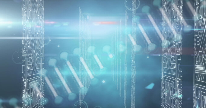 Image of dna structure spinning over screens of microprocessor connections on blue background