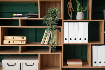 Wooden shelving unit with folders and houseplants near green wall
