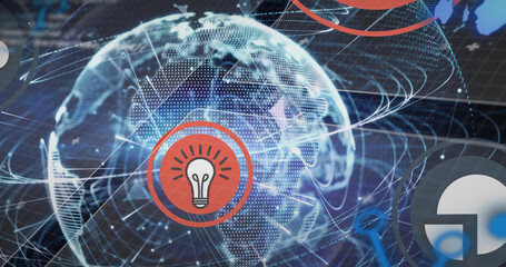 Image of digital icons and data processing over globe of network of connections