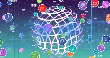 Image of network of digital icons over spinning globe against blue and green gradient background
