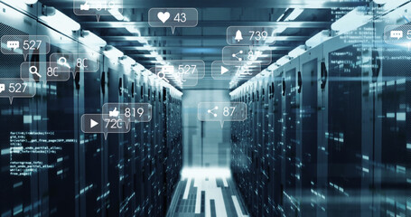 Image of social media icons and numbers and data processing over computer servers