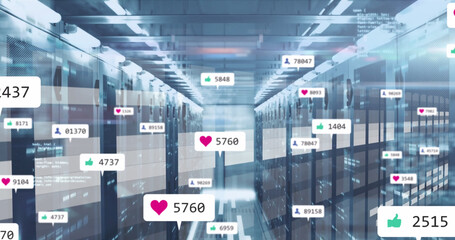 Image of social media icons and numbers and data processing over computer servers