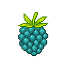 An 8-bit retro-styled pixel-art illustration of a light blue raspberry with lime green leaves.