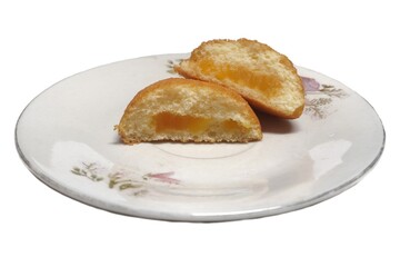white background Creamy Bread Loaf split in half, placed in a white plate