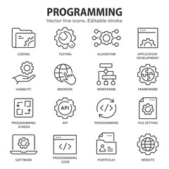Programming line icons. Set of software, code, website, develop and more. Editable stroke. - obrazy, fototapety, plakaty