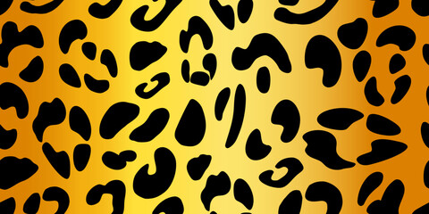 Fototapeta na wymiar Leopard texture on a golden background. Animalistic seamless pattern. Vector hand-drawn illustration.