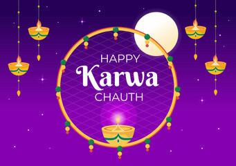 Karwa Chauth Festival Hand Drawn Flat Cartoon Illustration to Start the New Moon by Seeing the Moonrise in November From Wives for Their Husbands