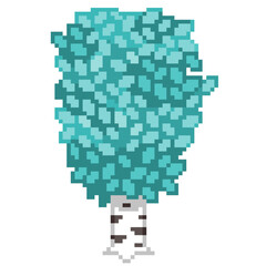 An 8-bit retro-styled pixel-art illustration of a blue birch tree with a white and black trunk.