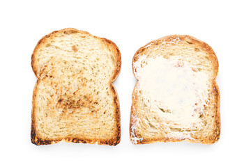 Tasty toasts with butter on white background