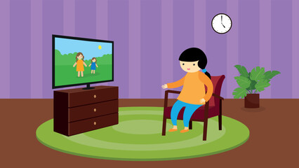 Girl watching TV sitting in a chair