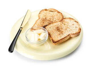 Plate with toasts, knife and bowl of butter on white background