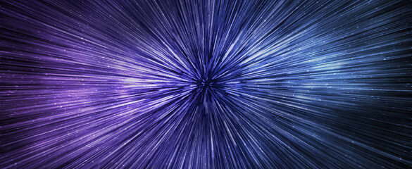 Hyperspace speed effect in night starry sky. Bright blue galaxy, horizontal banner
