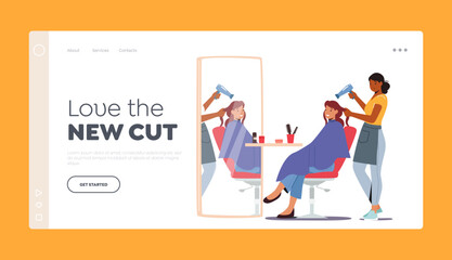 Young Woman Visiting Beauty Salon Landing Page Template. Hairdresser Master doing Haircut for Girl Drying Hair with Fan