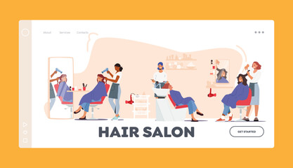 Hair Salon Landing Page Template. Female Characters Visiting Beauty Salon for Hairstyle. Young Women Sitting at Mirror