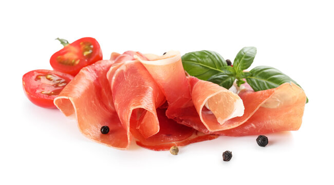 Delicious sliced jamon on white background