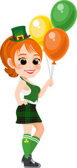 Happy Saint Patrick's Day with Pretty leprechaun girl with Irish Balloon. Cartoon Character Girl