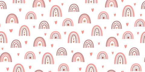 Pink baby girl pattern. Girl pink sweet background. Pink seamless pattern design Baby rainbow pattern. Childish boho rainbow illustration. Baby seamless print. Pink yoga background. Cute baby textile. - 523712368
